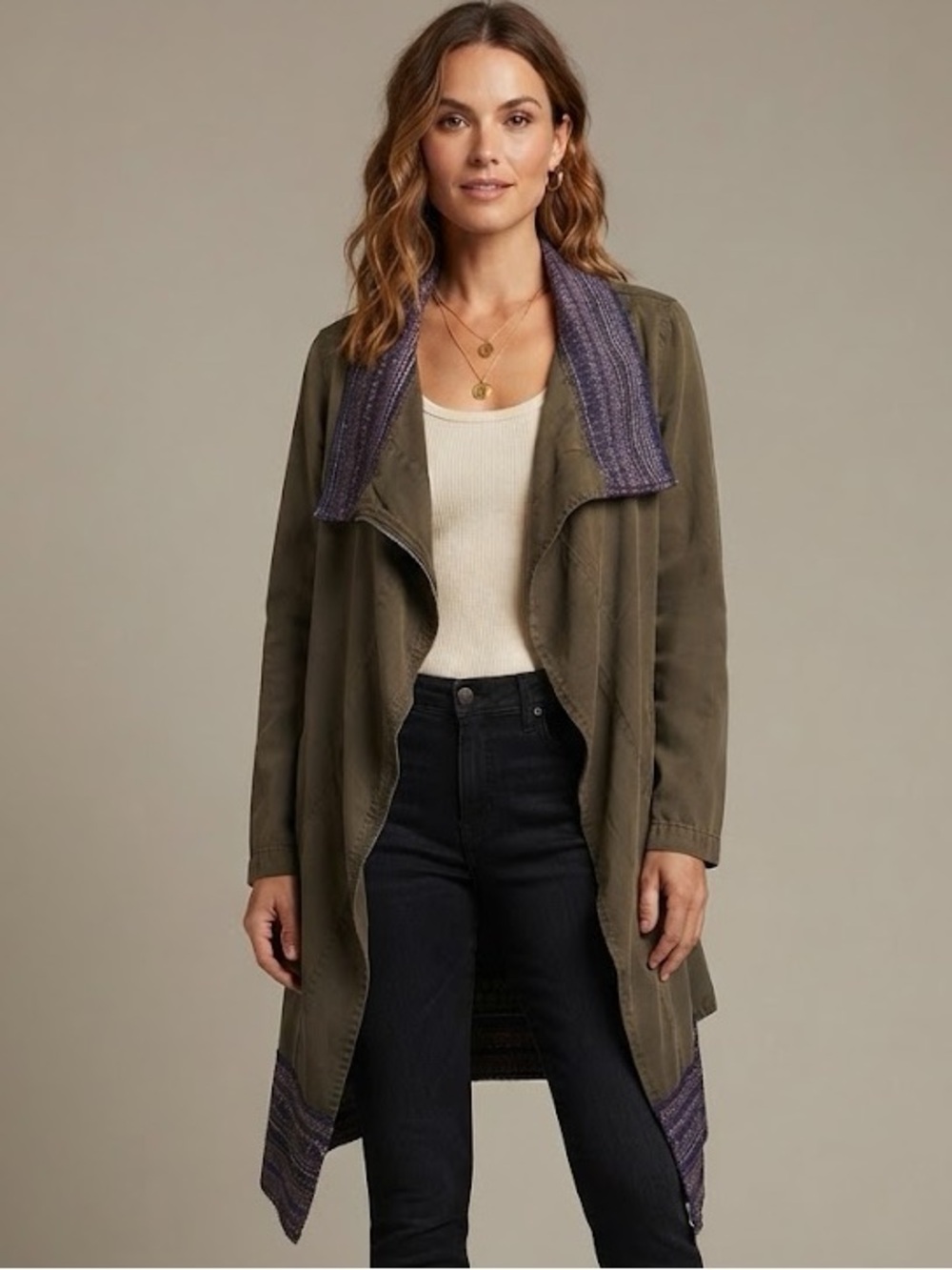 Olive Green Tencel Cotton Open-Front Asymmetrical Trench with Patterned Trim